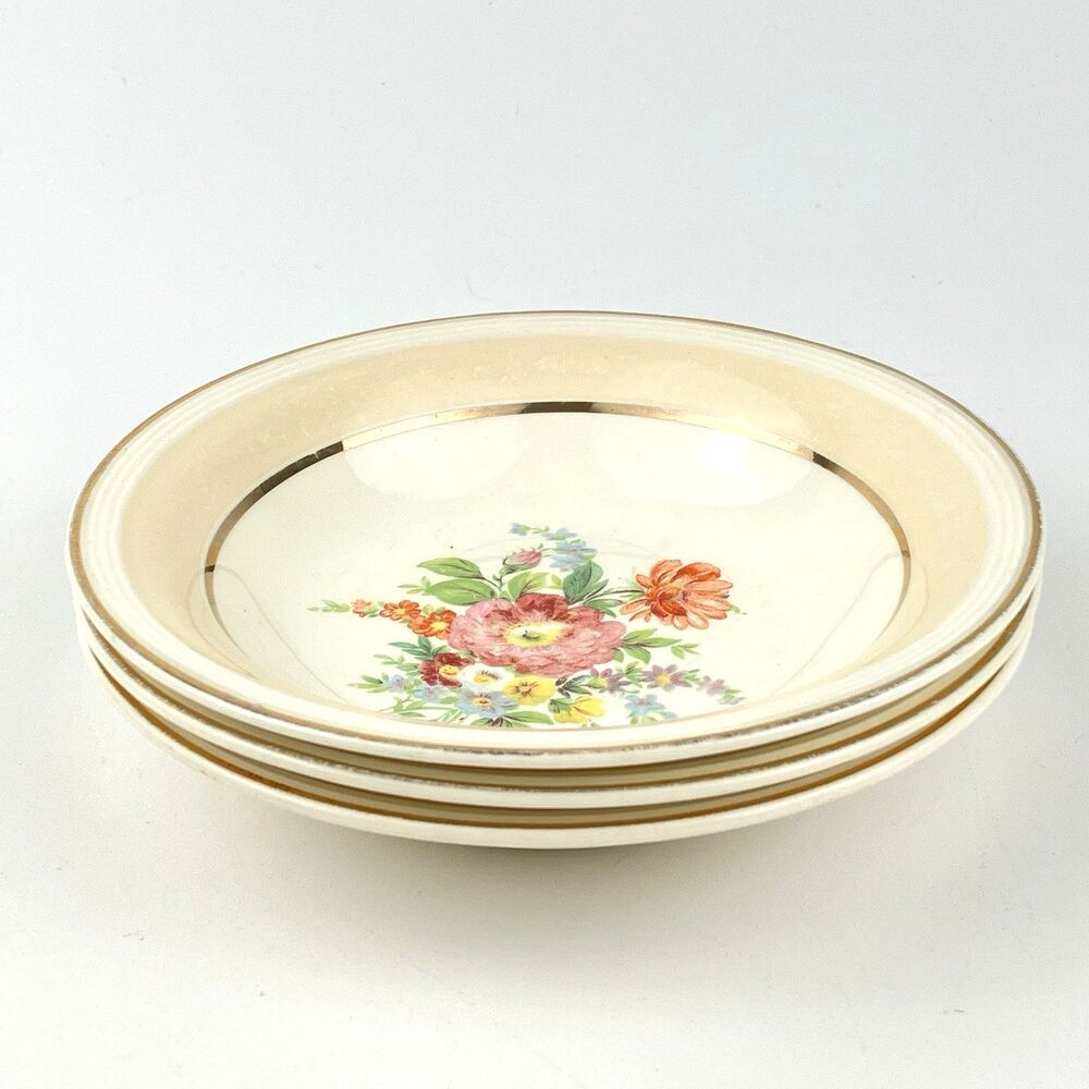 Vintage Edwin M. Knowles China Co. Semi-Vitreous Tan Gold Trim Ceramic 3 Bowls
